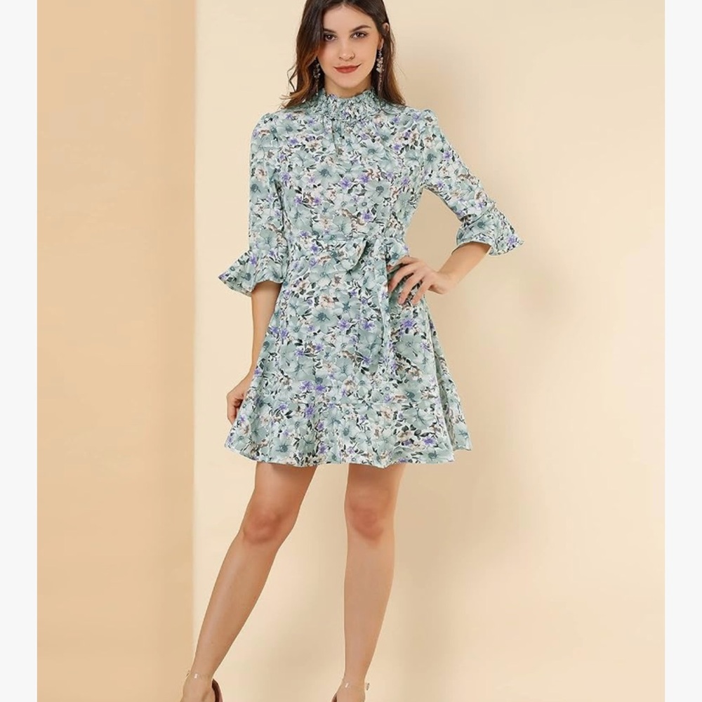 Women's Floral 3/4 Bell Sleeve Smocked Belted Flare Ruffle Dress White Mint